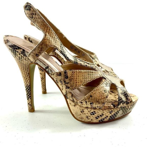 Memorato By CLN Women’s Sz 37 Brown Faux Snake Skin Open Toe Slingback Heels - Picture 2 of 10